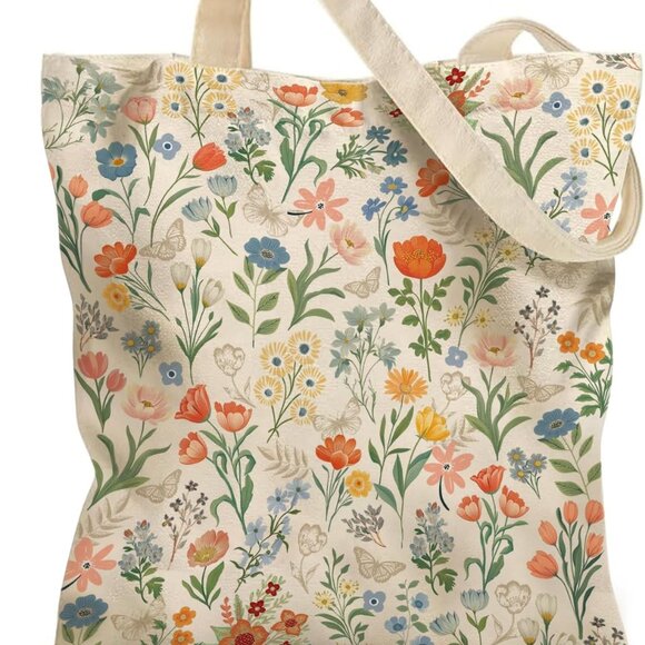 Canvas Tote Bag Women Floral Large Capacity Zipper Pocket Shoulder Bag - Picture 1 of 9